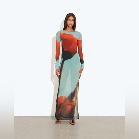 Rat & Boa Blue Red Floral Tulip Sheer Santino Maxi dress long sleeve XL NWOT - Picture 2 of 9